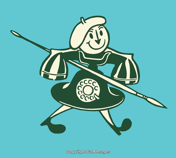 Retro Styled Character With Telephone and Spear in Colorful Design