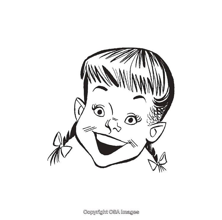 Vintage Black and White Illustration of a Cheerful Girl's Face