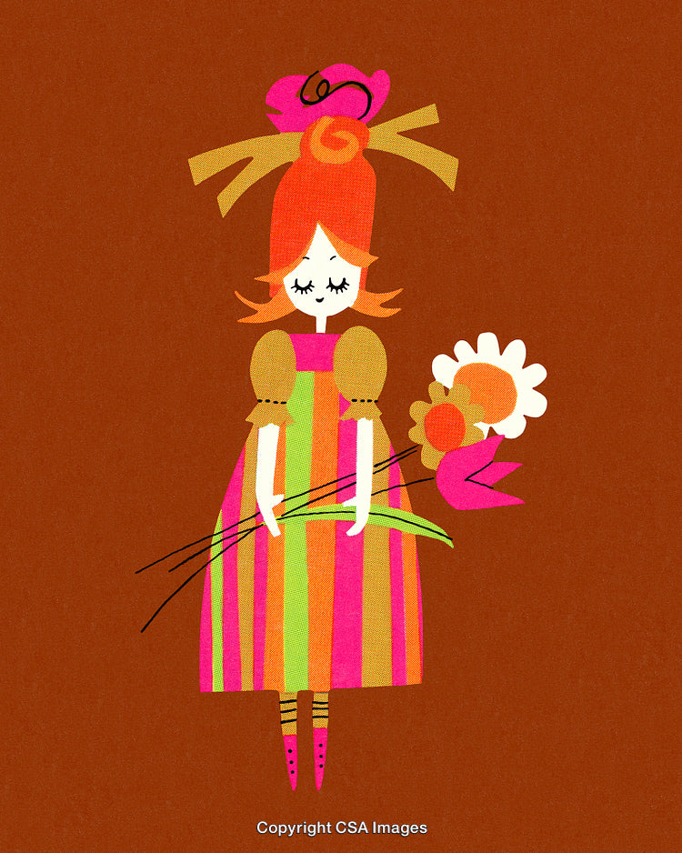 Stylized Illustration of a Girl Holding a Bouquet Against Plain Background