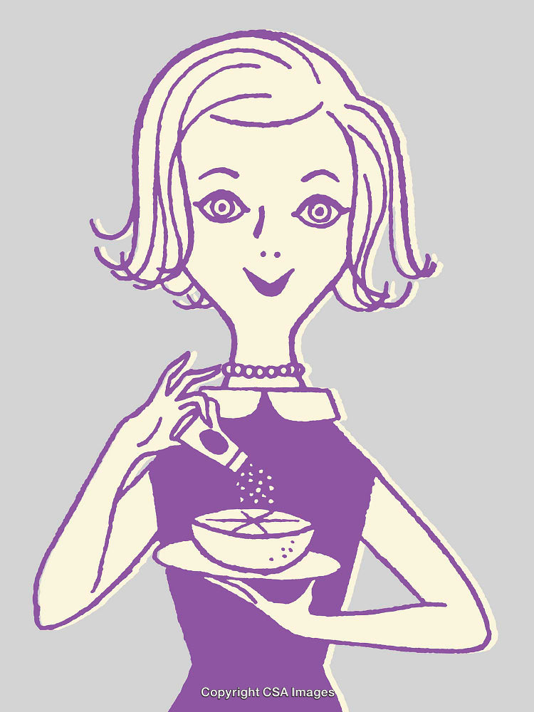 Vintage Style Illustration of a Woman Seasoning Soup with a Happy Expression
