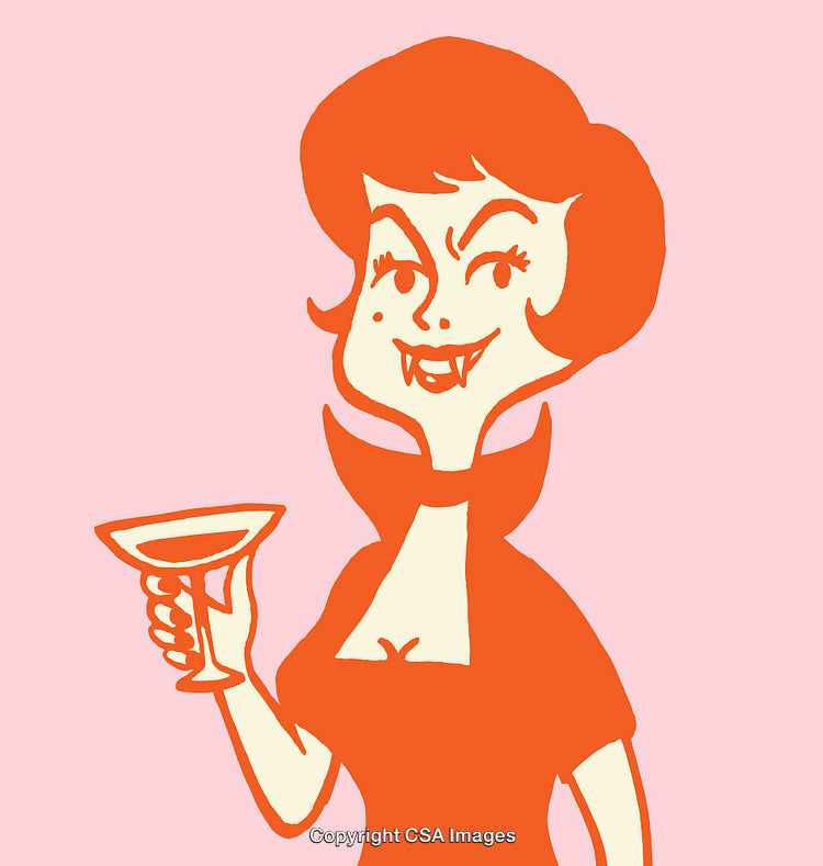 Retro Style Vampire Holding Cocktail Glass in Color Line Art Illustration