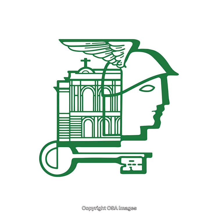 Green Icon Featuring Key, Church, and Winged Helmet Elements Combined