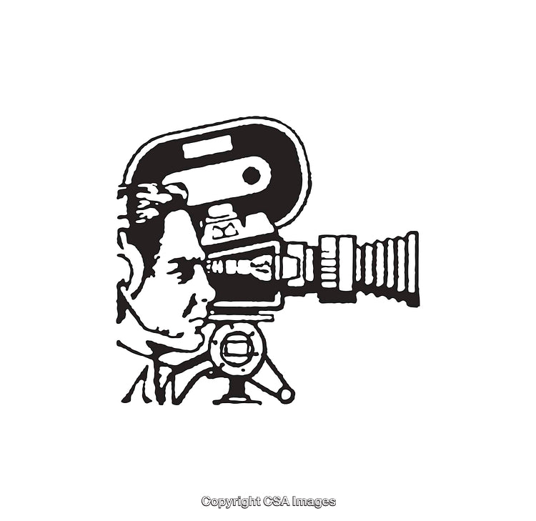 Vintage Film Camera Illustration with Filmmaker in Classic Line Art Style