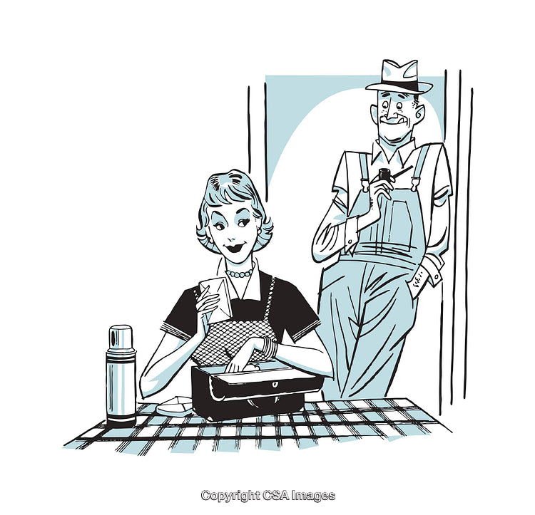 Retro Illustration of a Woman Packing Lunch With a Smiling Farmer Nearby