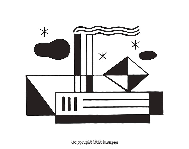 Black and White Geometric Line Art Depicting an Industrial Scene