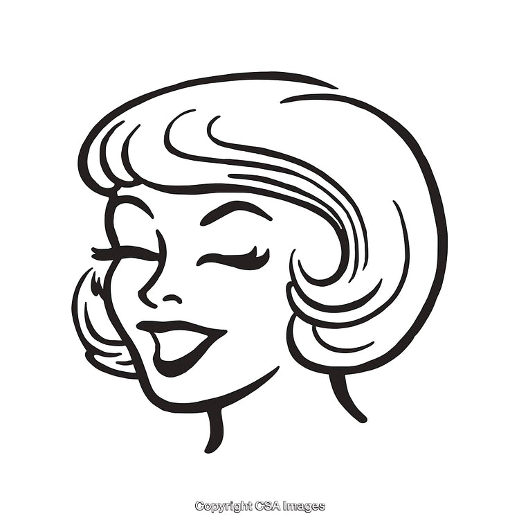 Smiling Retro Woman Line Art Illustration in Black and White