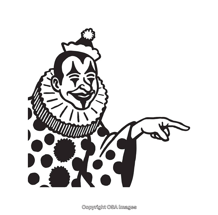 Vintage Black and White Illustration of a Smiling Clown Pointing Playfully