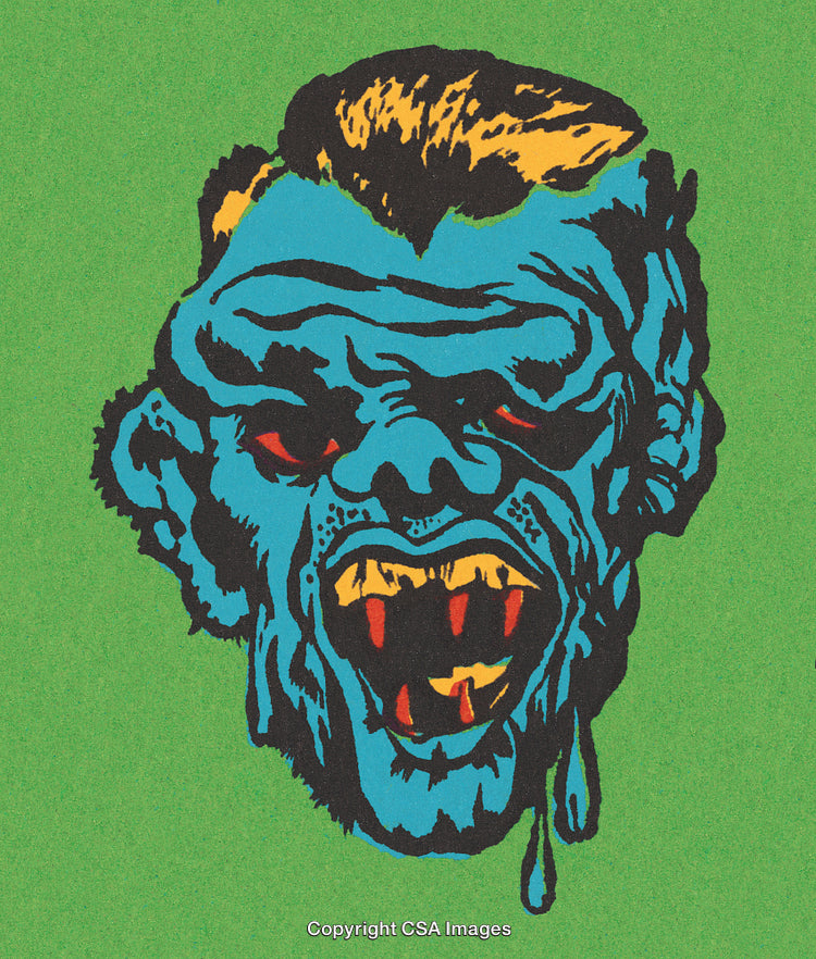 Colorful Stylized Illustration of a Fierce Monster Face on Green Background