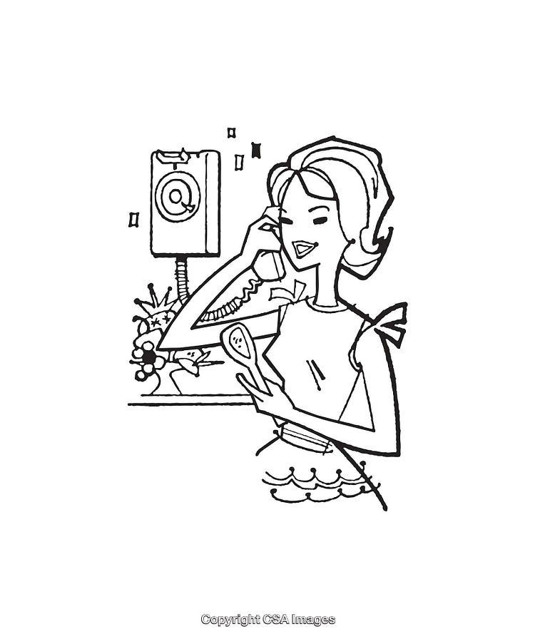Black and White Line Art Illustration of a Woman Talking on the Phone