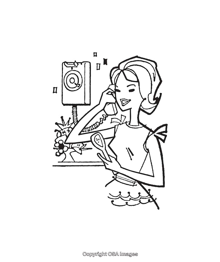 Black and White Line Art Illustration of a Woman Talking on the Phone