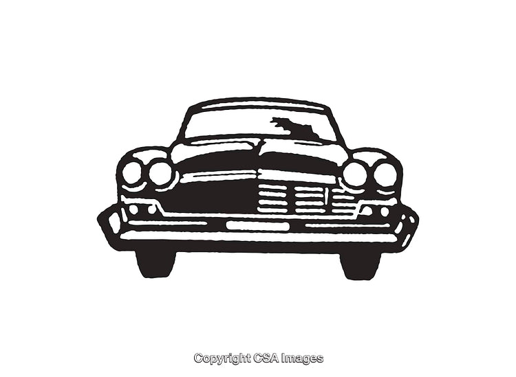 Classic Car Front View: Black and White Line Art Illustration