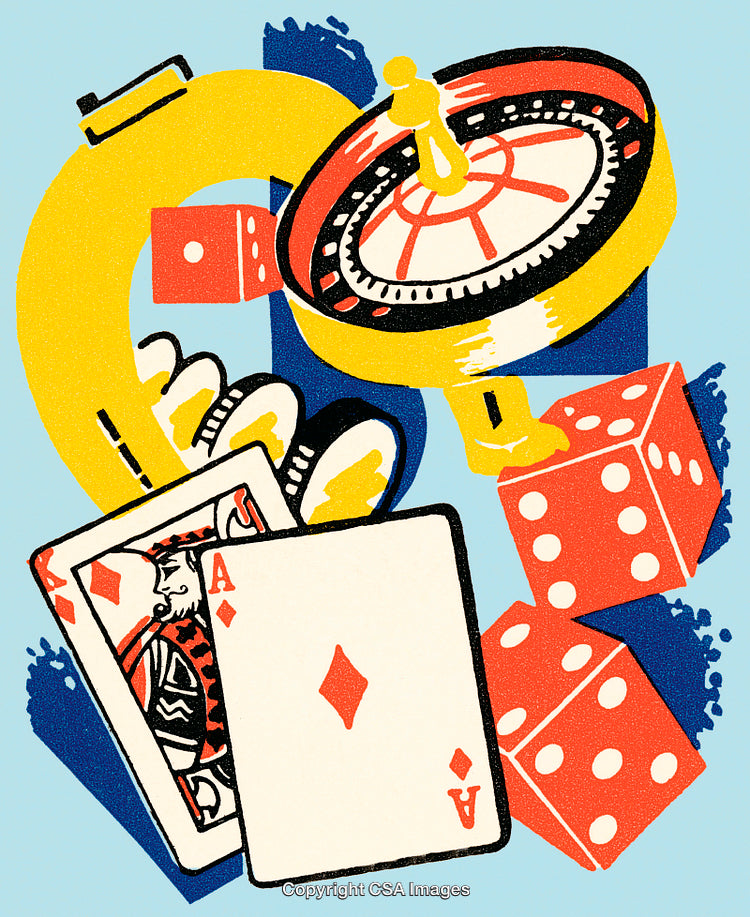 Illustrated Gambling Symbols with Roulette Wheel, Playing Cards, and Dice