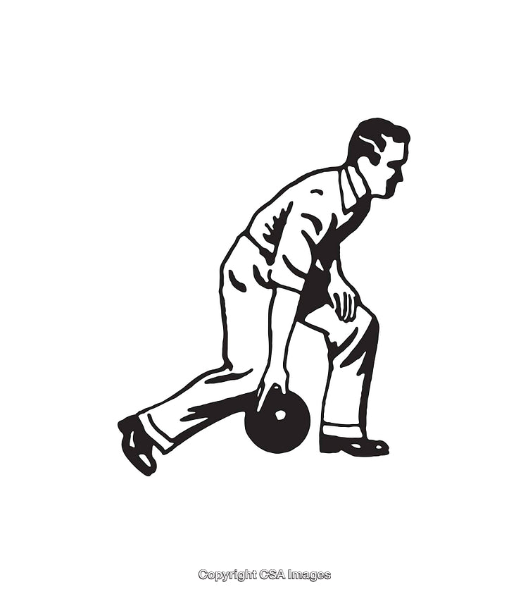 Vintage Black and White Illustration of a Bowling Player in Action