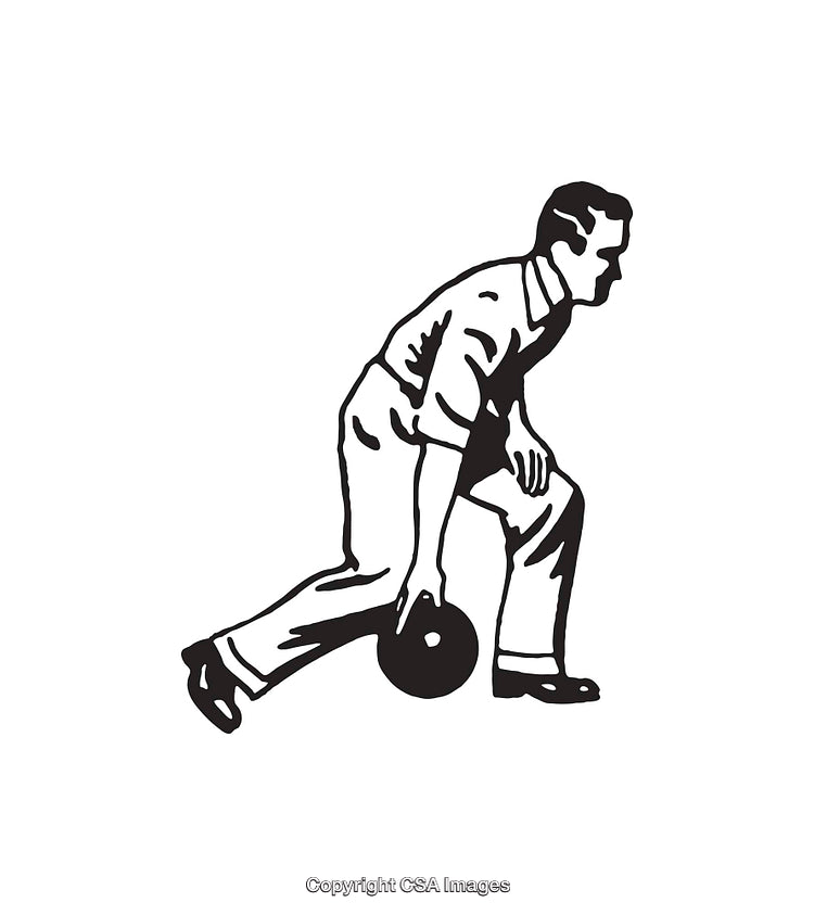 Vintage Black and White Illustration of a Bowling Player in Action