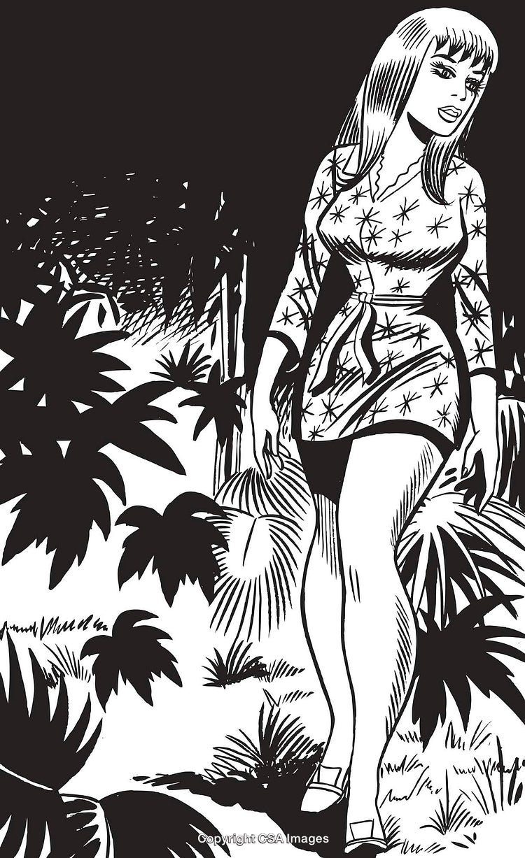 Retro Illustration of Woman in Jungle Setting with Tropical Plants and Bold Lines