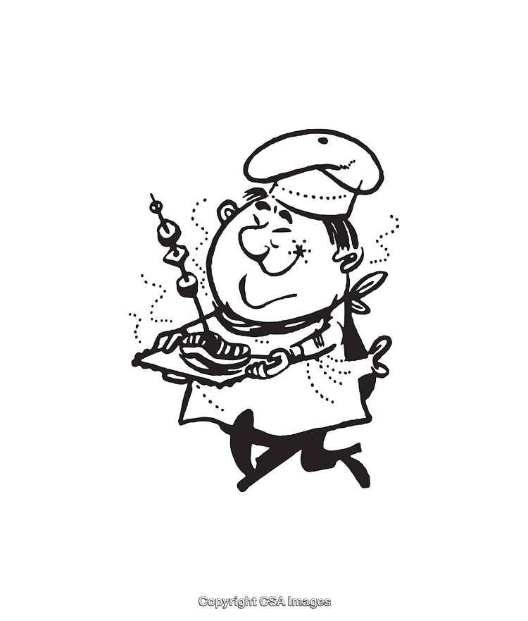 Black and White Cartoon Illustration of Chef Holding Food on Skewer
