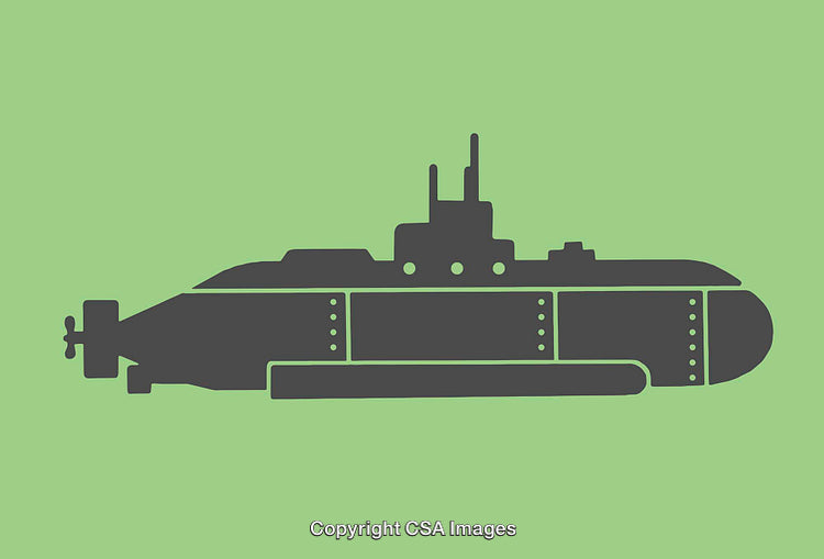 Silhouette of Submarine on Green Background with Simple Line Art Design