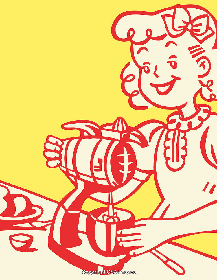 Retro Style Kitchen Illustration Featuring Mixer and Smiling Homemaker