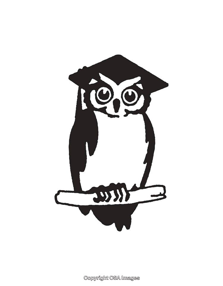 Simple Black and White Illustration of Wise Owl with Graduation Cap