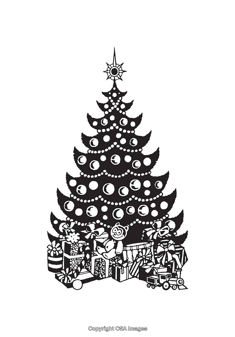 Black and White Line Art of a Christmas Tree and Presents