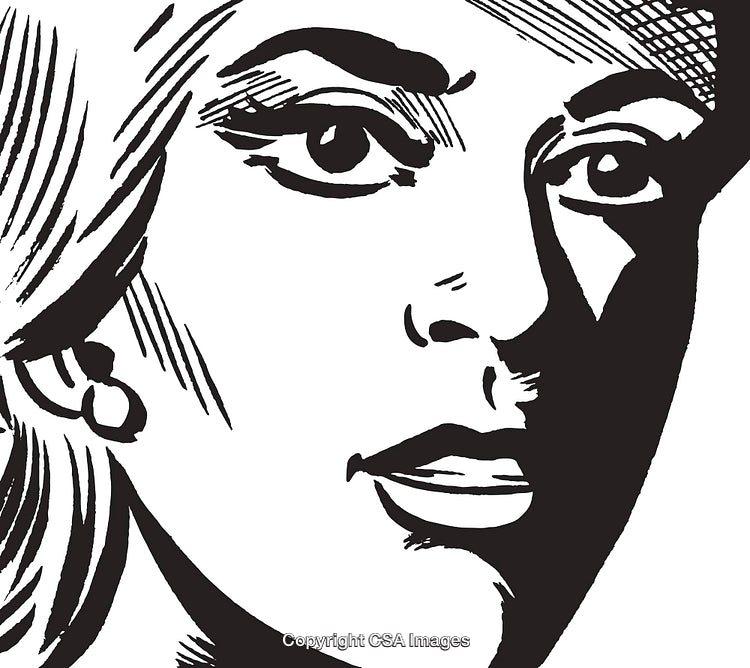 Black and White Retro Comic Style Illustration of a Woman's Face