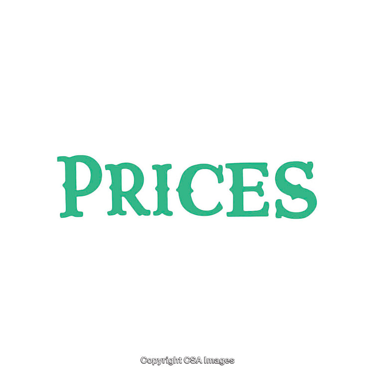 Green Text Displaying the Word 'Prices' on a White Background