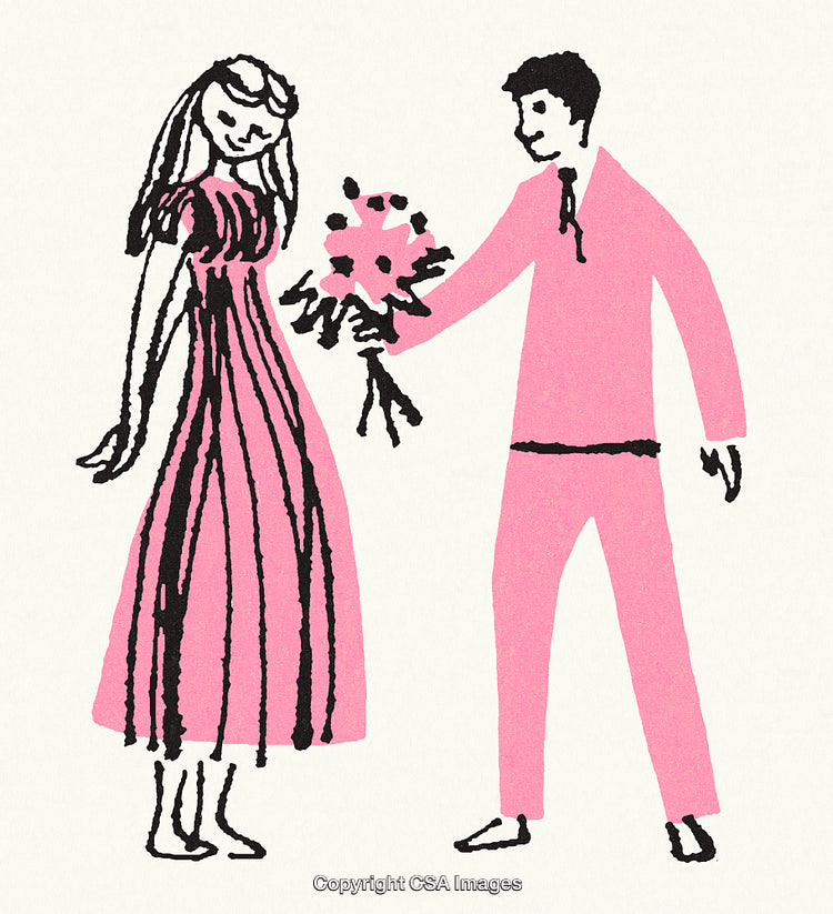 Illustration of a Couple Sharing a Wedding Bouquet in Art Style