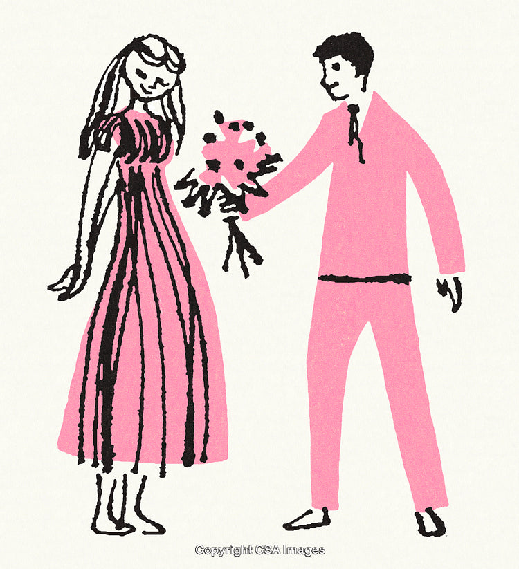 Illustration of a Couple Sharing a Wedding Bouquet in Art Style