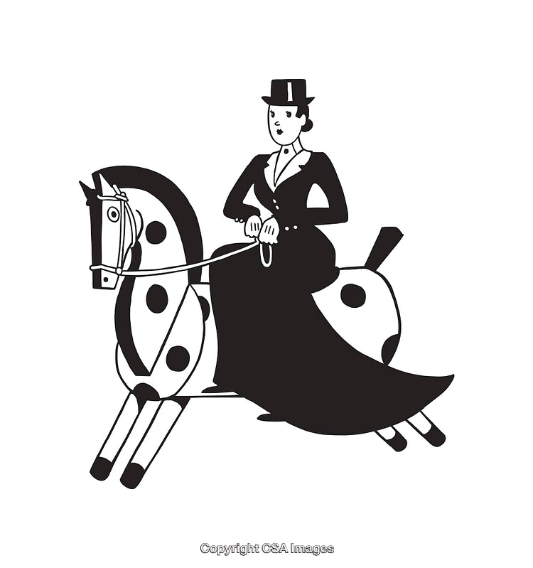 Black and White Illustration of Equestrian Rider in Traditional Side Saddle
