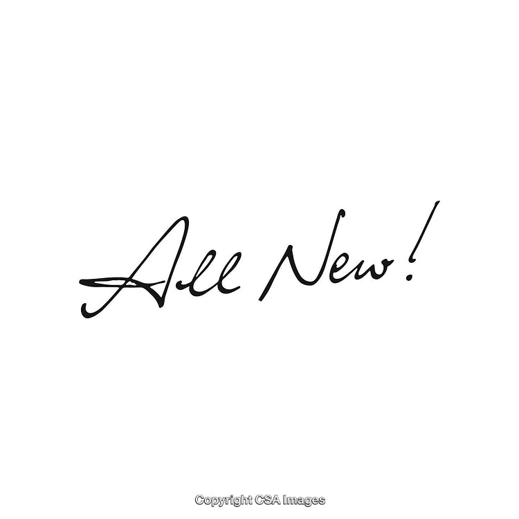 Handwritten Calligraphy Text 'All New!' in Black on White Background