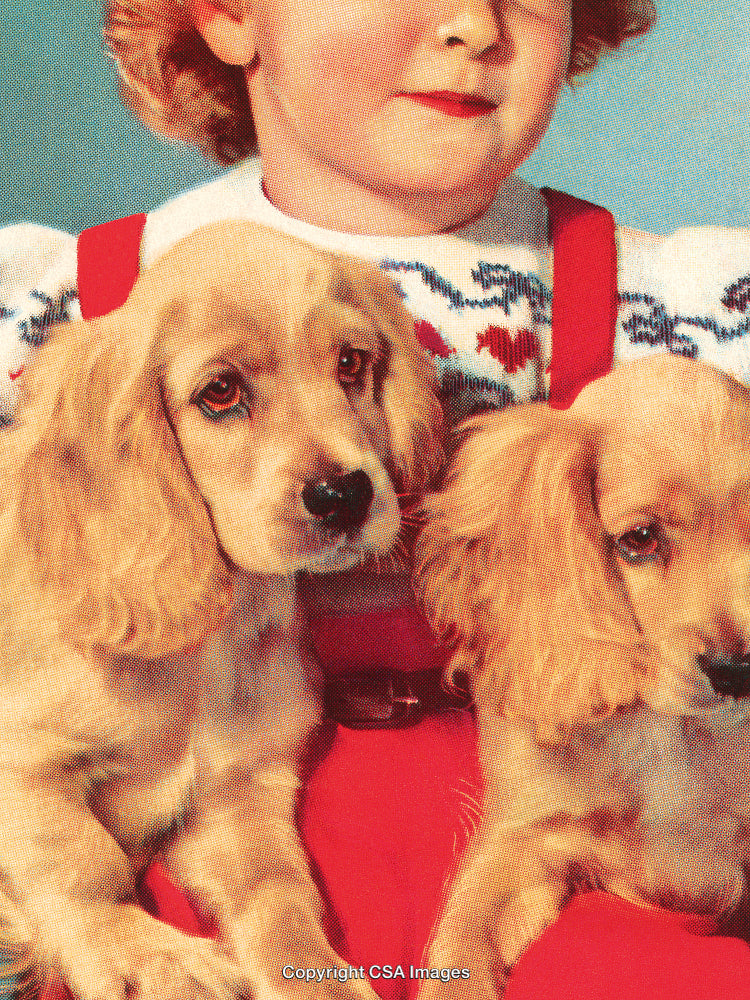 Child Holding Adorable Puppies in Vintage Styled Print Image