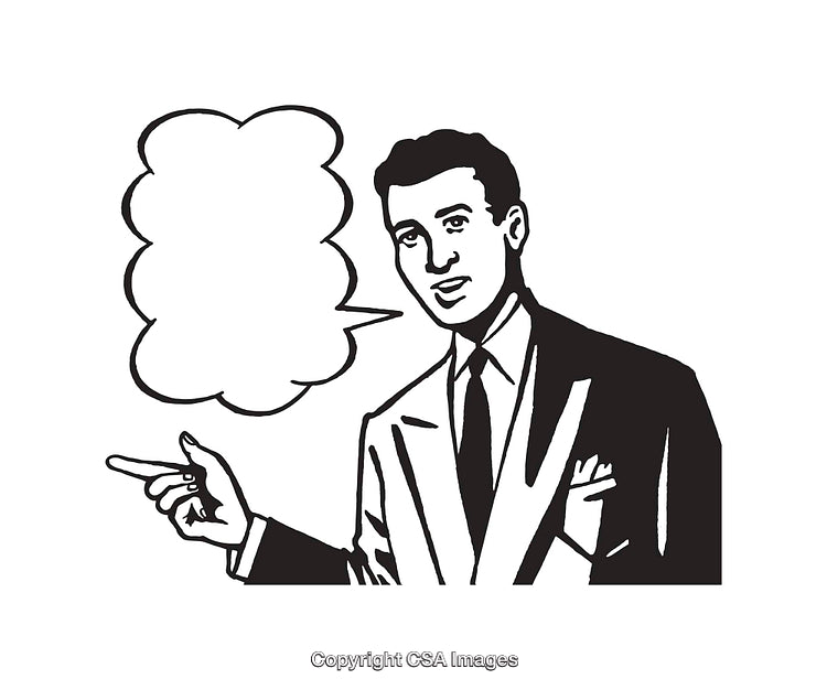 Vintage Line Art Businessman With Speech Bubble and Pointing Gesture