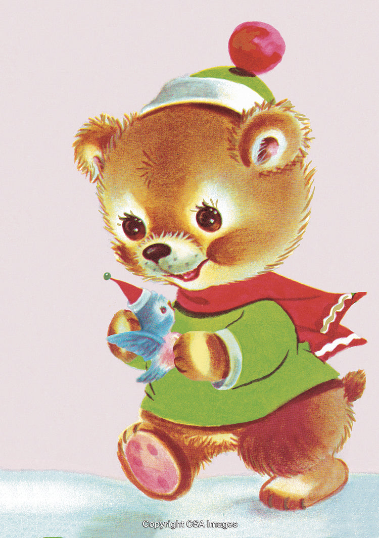 Cute Teddy Bear and Toy Bird on Snowy Winter Day Artwork