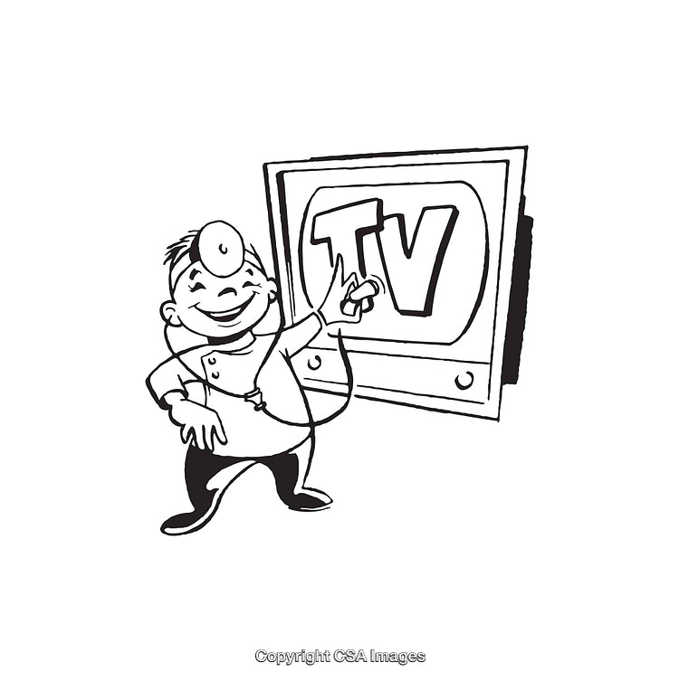 Cartoon Doctor Presenting a Television with a Playful Stethoscope Gesture