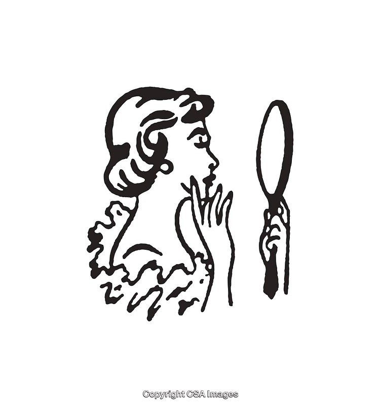 Elegant Line Art Illustration of a Woman Looking into a Handheld Mirror