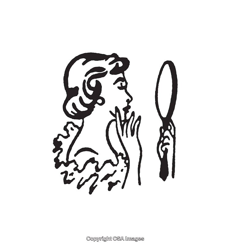 Elegant Line Art Illustration of a Woman Looking into a Handheld Mirror