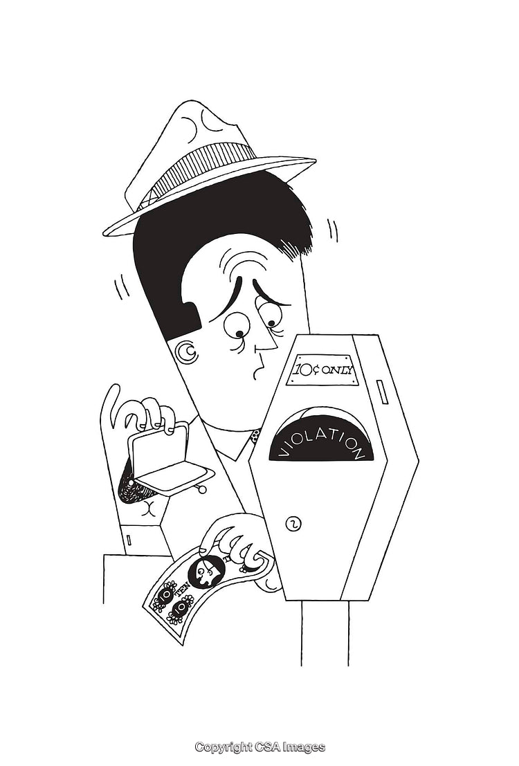 Vintage Line Art of an Anxious Man Paying a Violation Fee