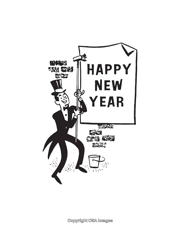 Vintage Line Art Illustration of a New Year Celebration Message