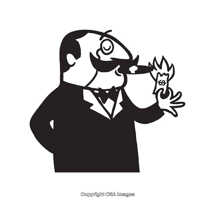 Black and White Illustration of Wealthy Man Lighting Money