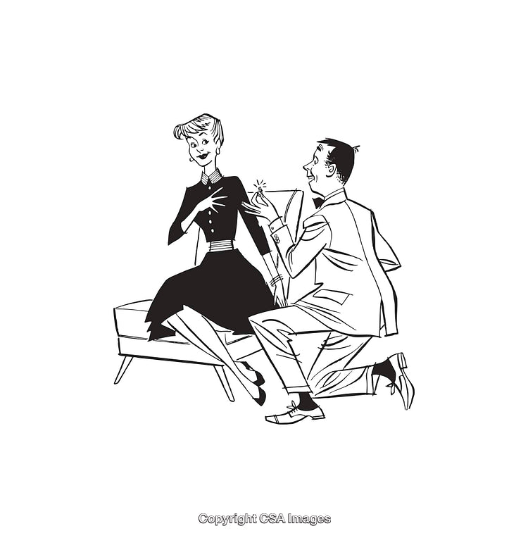 Black and White Line Art of a Marriage Proposal Scene