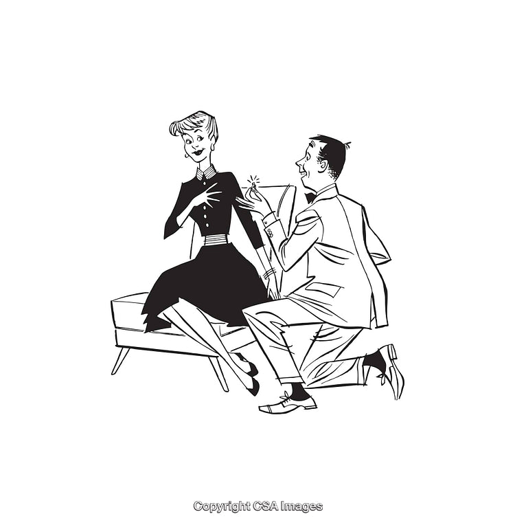 Black and White Line Art of a Marriage Proposal Scene