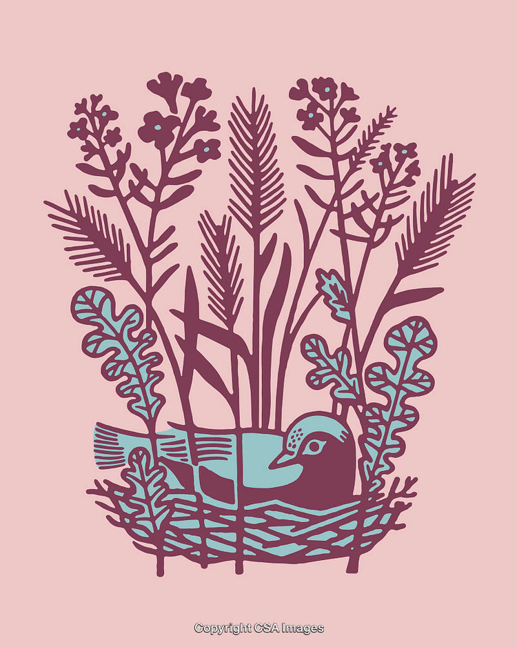 Illustration of a Bird Nestled Among Vibrant Foliage and Floral Artwork