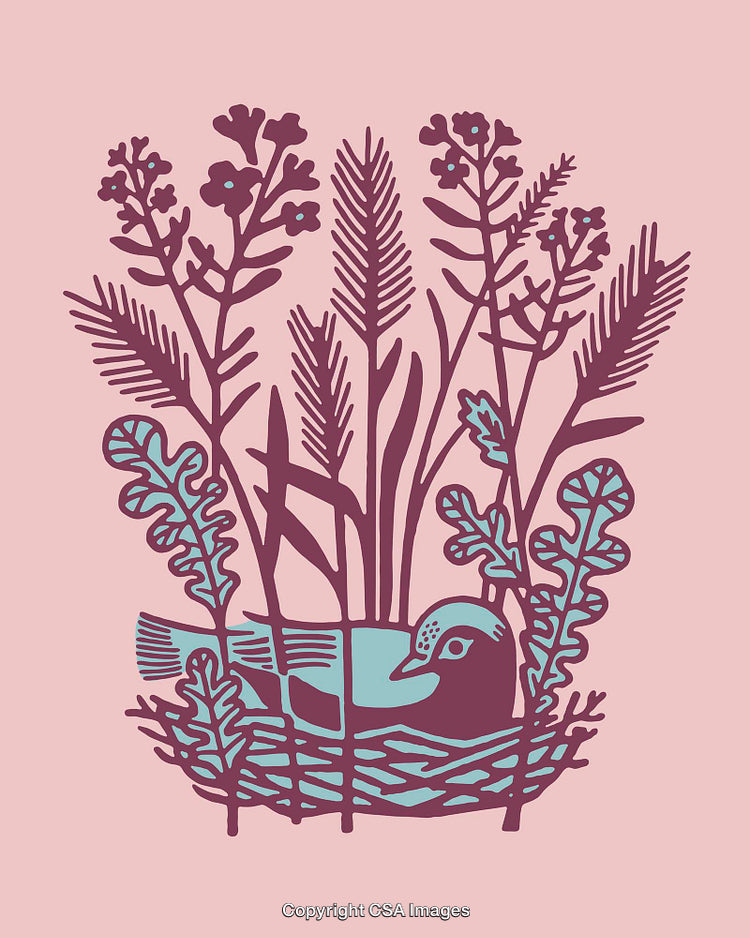 Illustration of a Bird Nestled Among Vibrant Foliage and Floral Artwork