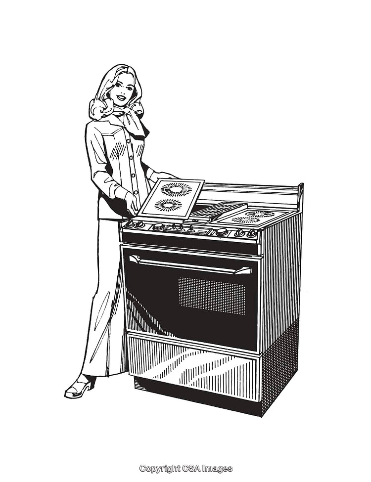 Vintage Line Art of a Woman Baking with a Modern Oven Appliance