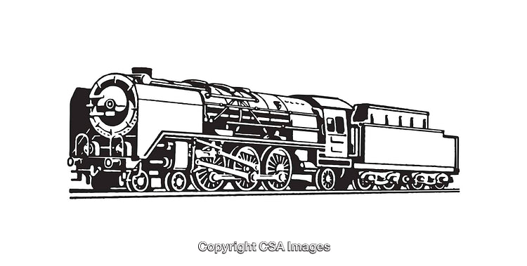 Vintage Steam Train Illustrated in Black and White Detailed Line Art