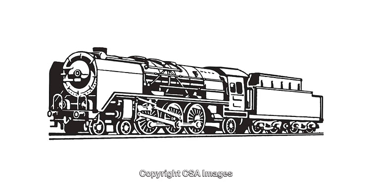 Vintage Steam Train Illustrated in Black and White Detailed Line Art