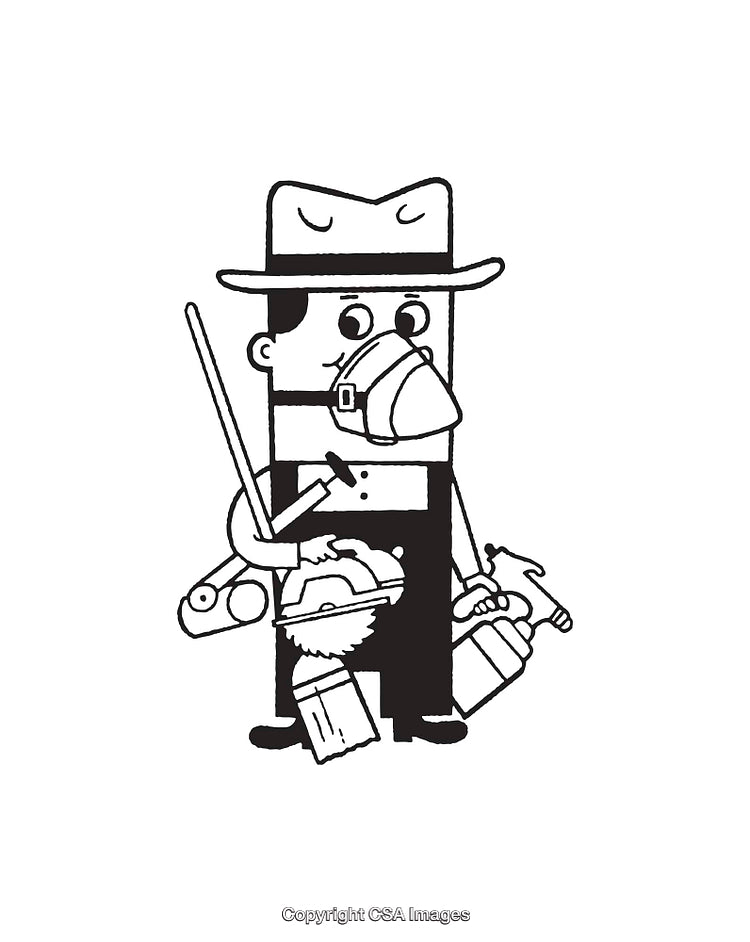 Black and White Line Art Cartoon of a Handyman with Tools