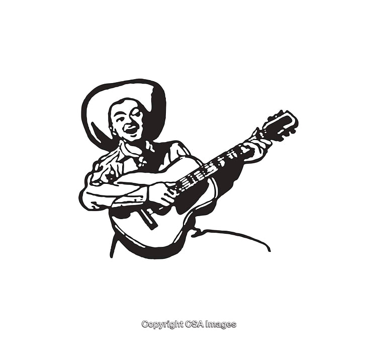 Black and White Line Art of a Musician Playing Guitar in Traditional Hat