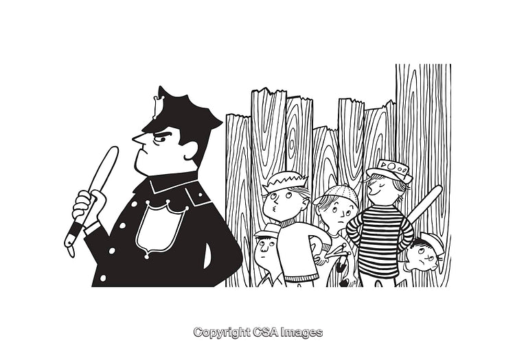 Black and White Line Art of Policeman and Kids Near a Wooden Fence