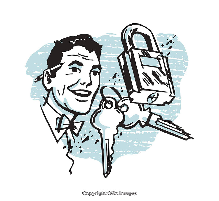 Retro-Inspired Illustration Featuring Smiling Man with Keys and Lock
